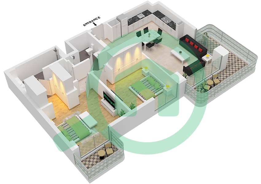 埃文里亚2号楼 - 2 卧室公寓类型／单位B / UNIT 5,7 FLOOR 1-7戶型图 Type B Unit 5 Floor 1
Unit 7 Floor 2-7 interactive3D
