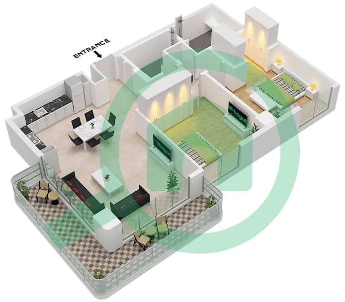 埃文里亚2号楼 - 2 卧室公寓类型／单位U / UNIT 2,4 FLOOR 1-7戶型图 Type U Unit 2 Floor 1 
Unit 4 Floor 2-7 interactive3D