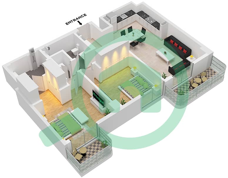 埃文里亚2号楼 - 2 卧室公寓类型／单位V / UNIT 2 FLOOR 2-7戶型图 Type V Unit 2 Floor 2-7 interactive3D
