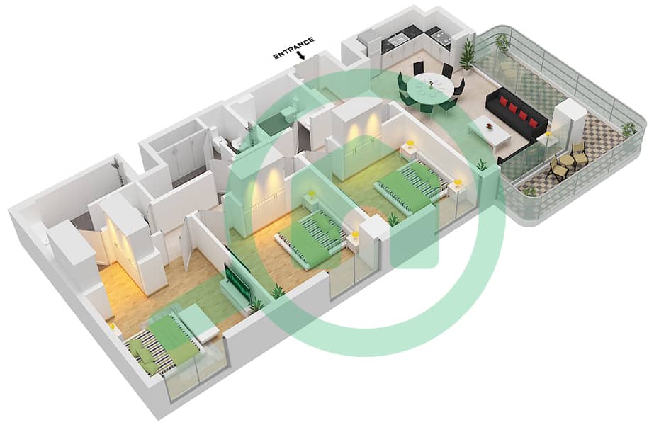 埃文里亚2号楼 - 3 卧室公寓类型／单位A / UNIT 3 FLOOR 2-7戶型图 Type A Unit 3 Floor 2-7 interactive3D