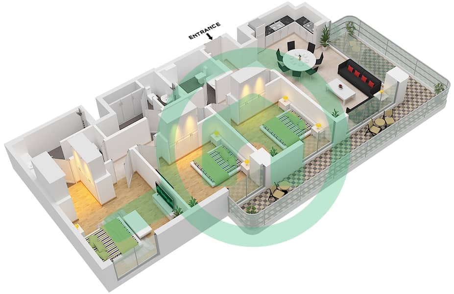 埃文里亚2号楼 - 3 卧室公寓类型／单位J / UNIT 1 FLOOR 1戶型图 Type J Unit 1 Floor 1 interactive3D