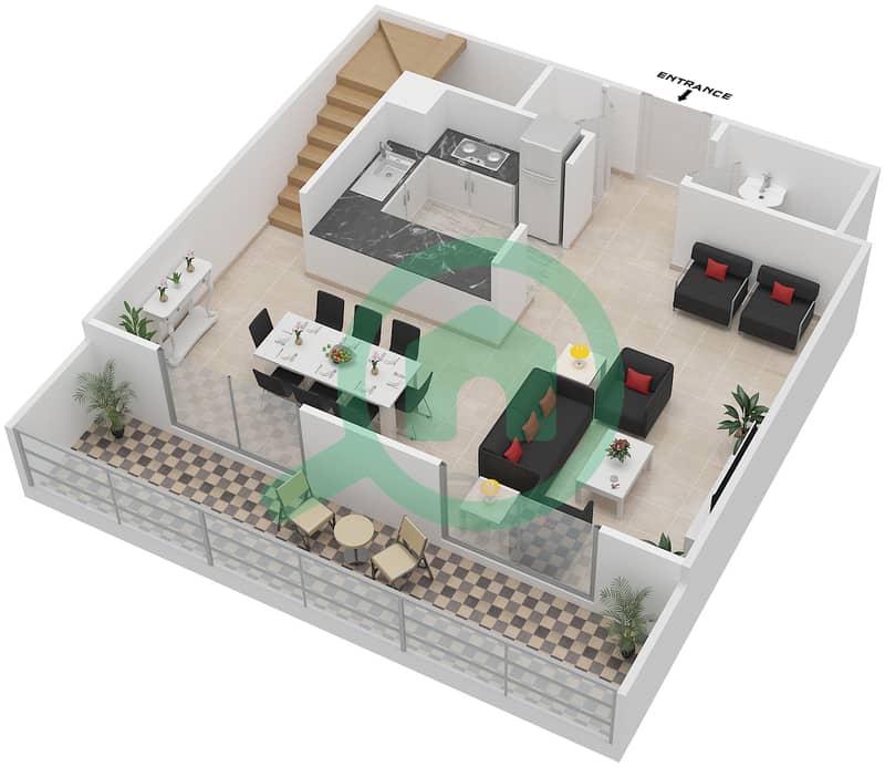 المخططات الطابقية لتصميم النموذج B DUPLEX MIDDLE UNIT شقة 2 غرفة نوم - بارك لاين ريزيدنس 4 Lower Floor image3D