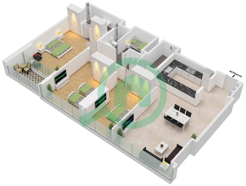 Radiant Height - 3 卧室公寓类型／单位P1 / UNIT 10 FLOOR P1-P6戶型图 Type P1 Unit 10 Floor P1-P6 interactive3D