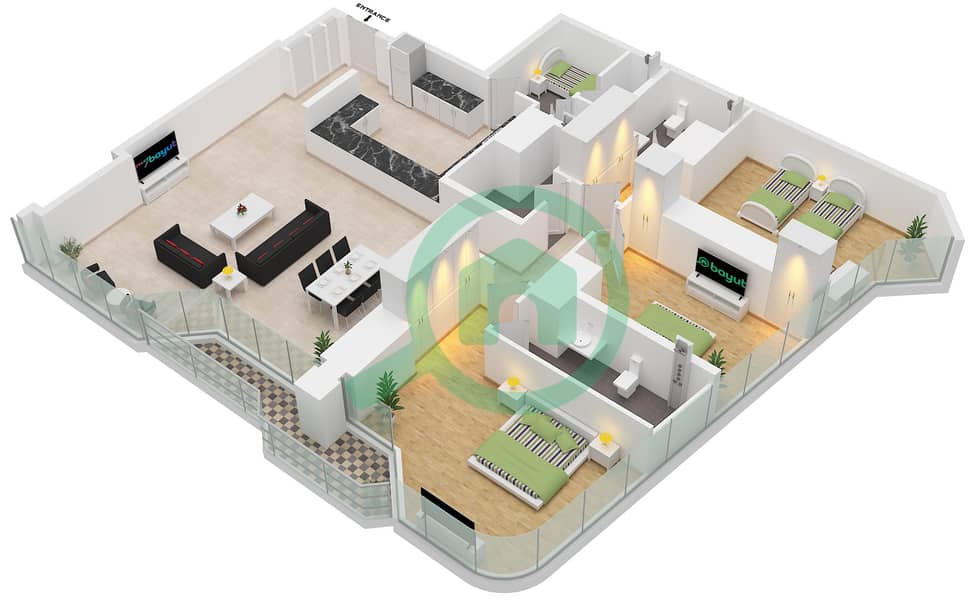 Radiant Height - 3 卧室公寓类型／单位P1 / UNIT 11 FLOOR P1-P6戶型图 Type P1 Unit 11 Floor P1-P6 interactive3D