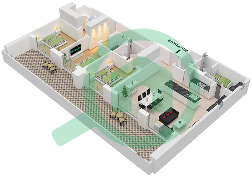 Джомана 5 - Апартамент 3 Cпальни планировка Тип/мера B / UNIT 5 FLOOR GROUND Type B Unit 5 Ground Floor interactive3D