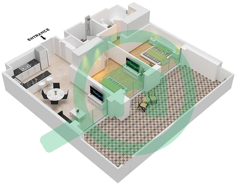 Джомана 5 - Апартамент 2 Cпальни планировка Тип/мера B / UNIT 2 FLOOR GROUND Type B Unit 2 Ground Floor interactive3D