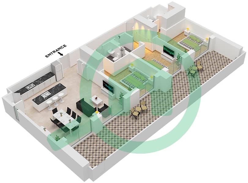 Джомана 5 - Апартамент 3 Cпальни планировка Тип/мера C / UNIT 3 FLOOR GROUND Type C Unit 3 Ground Floor interactive3D