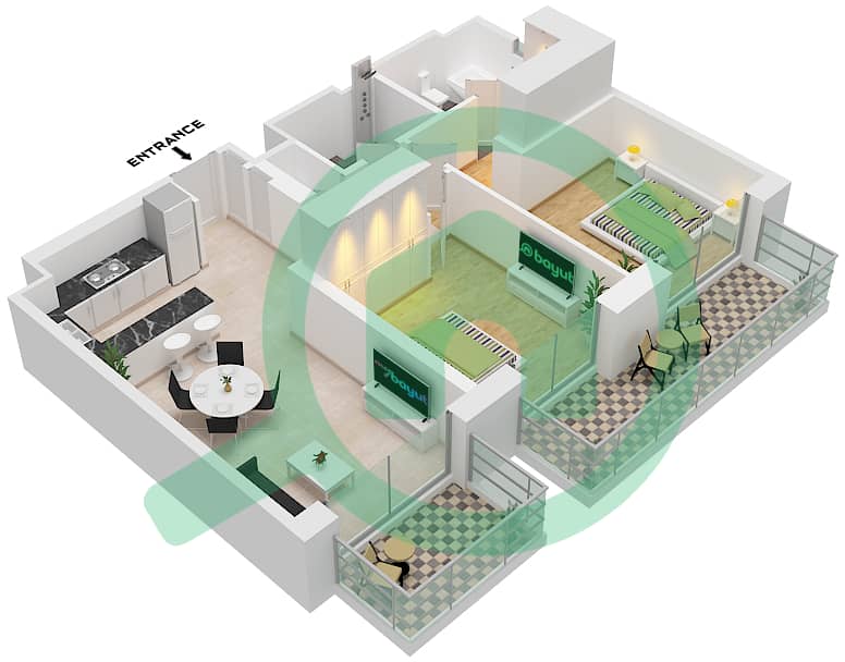 Джомана 5 - Апартамент 2 Cпальни планировка Тип/мера B / UNIT 2 FLOOR 1-4 Type B Unit 2 Floor 1-4 interactive3D