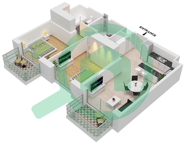 Джомана 5 - Апартамент 2 Cпальни планировка Тип/мера A / UNIT 4 FLOOR 1,3-4 Type A Unit 4 Floor 1,3-4 interactive3D