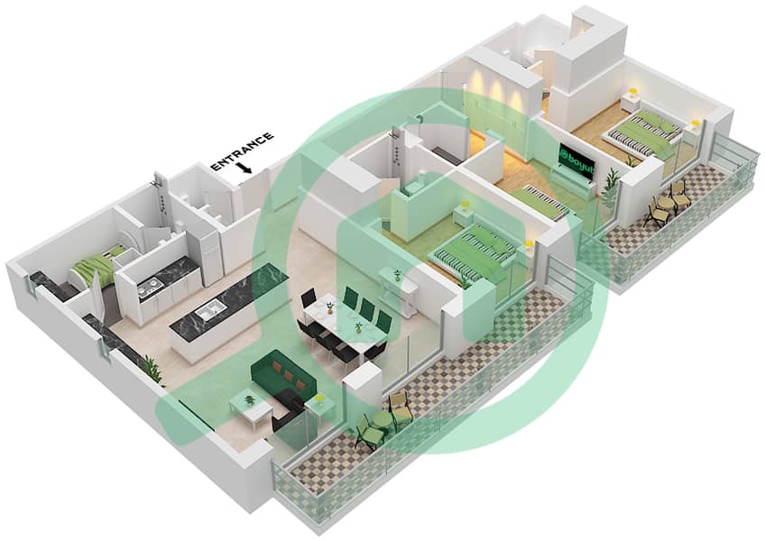 Джомана 5 - Апартамент 3 Cпальни планировка Тип/мера A / UNIT 3 FLOOR 2 Type A Unit 3 Floor 2 interactive3D