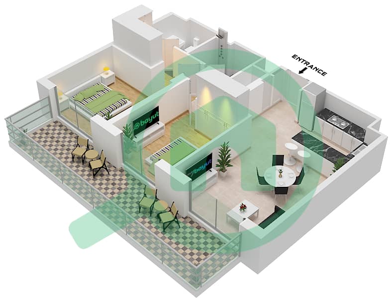 乔马纳3号公寓 - 2 卧室公寓类型／单位A / UNIT 4 FLOOR 2戶型图 Type A Unit 4 Floor 2 interactive3D