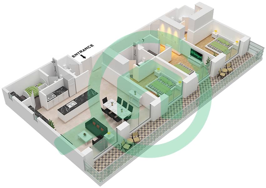 Джомана 5 - Апартамент 3 Cпальни планировка Тип/мера A / UNIT 3 FLOOR 5 Type A Unit 3 Floor 5 interactive3D