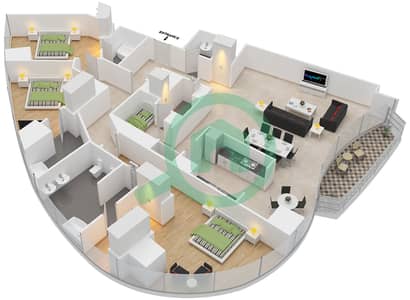 المخططات الطابقية لتصميم الوحدة 6 شقة 3 غرف نوم - العنوان ريزدينسز سكاي فيو 2
