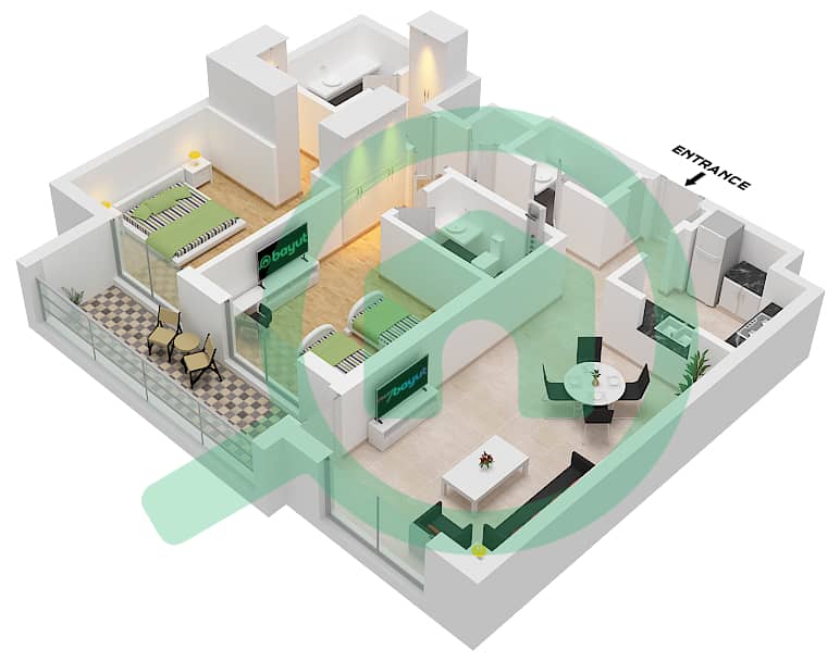 المخططات الطابقية لتصميم النموذج A FLOOR 1-9 شقة 2 غرفة نوم - هيلسايد ريزيدنسز 1 بناية D Type A Floor 1-9 interactive3D