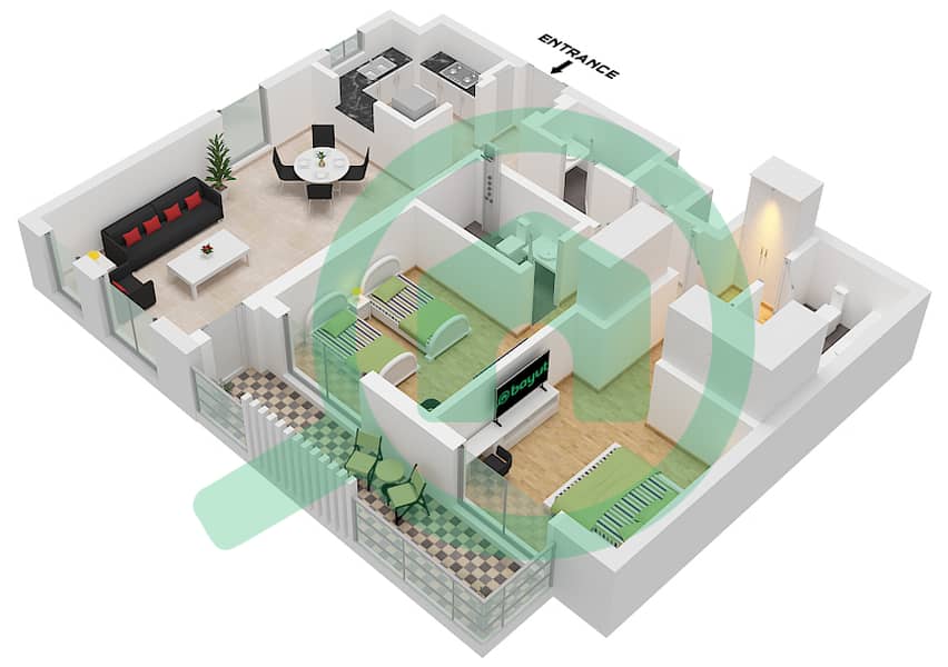 Hillside Residences 1 Building D - 2 Bedroom Apartment Type C FLOOR 1-9 Floor plan Type C Floor 1-9 interactive3D