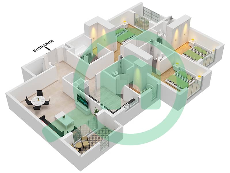 Hillside Residences 1 Building D - Апартамент 3 Cпальни планировка Тип D FLOOR 1-9 Type D Floor 1-9 interactive3D