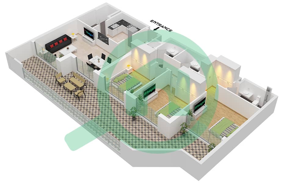 荷兰花园 - 3 卧室公寓类型A戶型图 Type A interactive3D