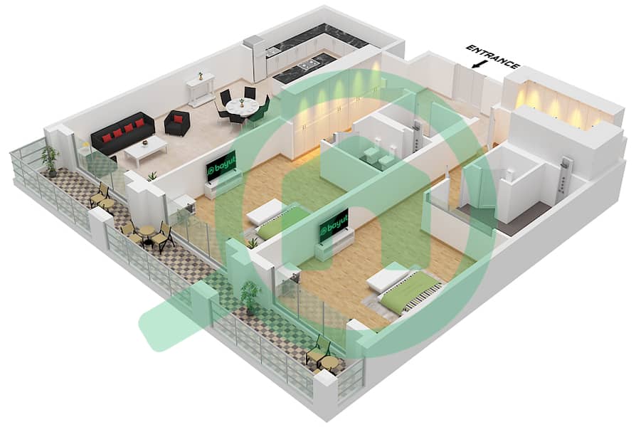 Раффлз Палм Дубай - Апартамент 2 Cпальни планировка Тип A1 Type A1 interactive3D