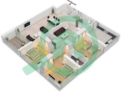 المخططات الطابقية لتصميم النموذج 1 شقة 3 غرف نوم - برج العلياء
