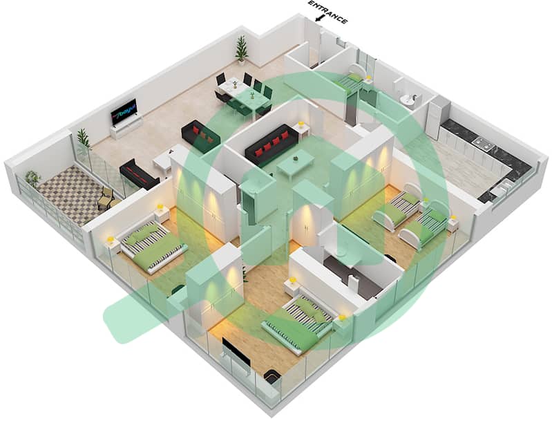 Al Alia Tower - 3 Bedroom Apartment Type 1 Floor plan Type 1 interactive3D