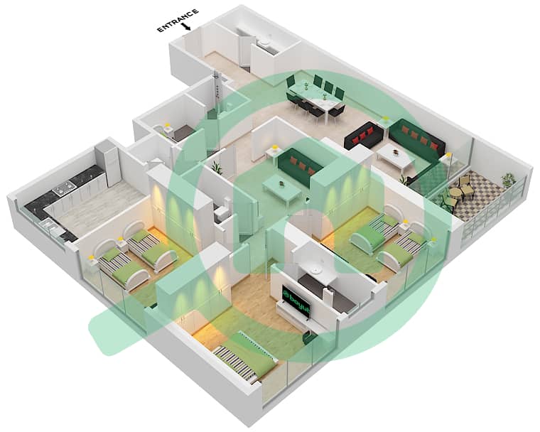 Al Alia Tower - 3 Bedroom Apartment Type 3 Floor plan Type 3 interactive3D