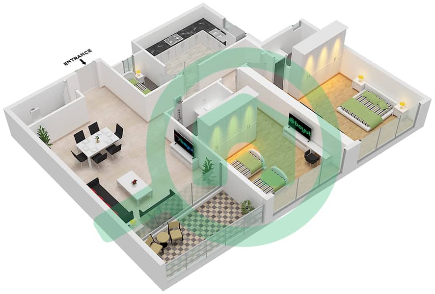 المخططات الطابقية لتصميم النموذج 6 شقة 2 غرفة نوم - برج العلياء Type 6 interactive3D