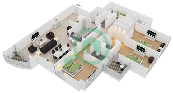 المخططات الطابقية لتصميم النموذج A شقة 3 غرف نوم - برج ليك بوينت