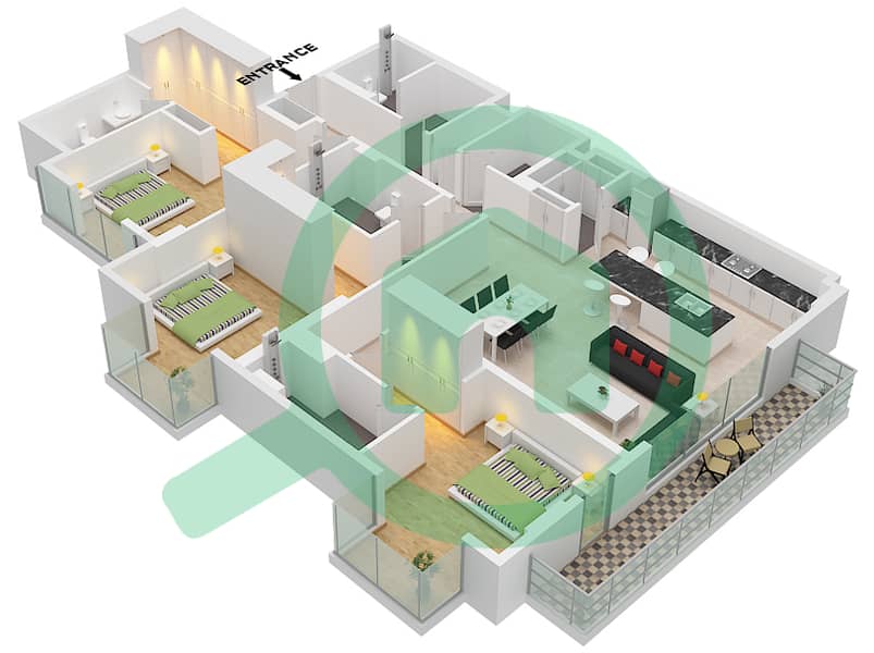Арт Бэй - Апартамент 3 Cпальни планировка Тип/мера A / UNIT 3,10 FLOOR 2-10 Type A Unit 3 Floor 2 
Type A Unit 10 Floor 3-10 interactive3D
