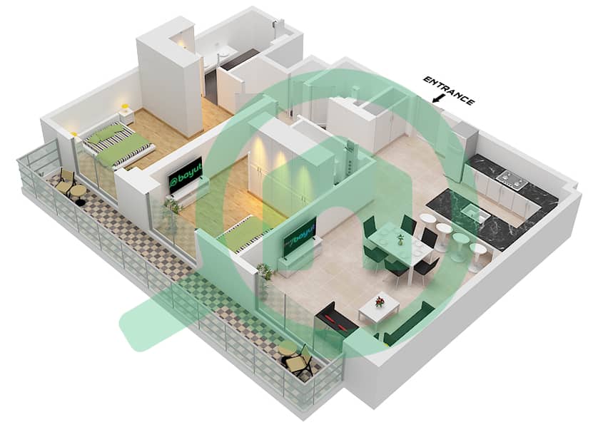 Арт Бэй - Апартамент 2 Cпальни планировка Тип/мера B / UNIT 1,7,8 FLOOR 2-10 Type B Unit 1 Floor 2 
Type B Unit 7-8,16 Floor 3-10 interactive3D