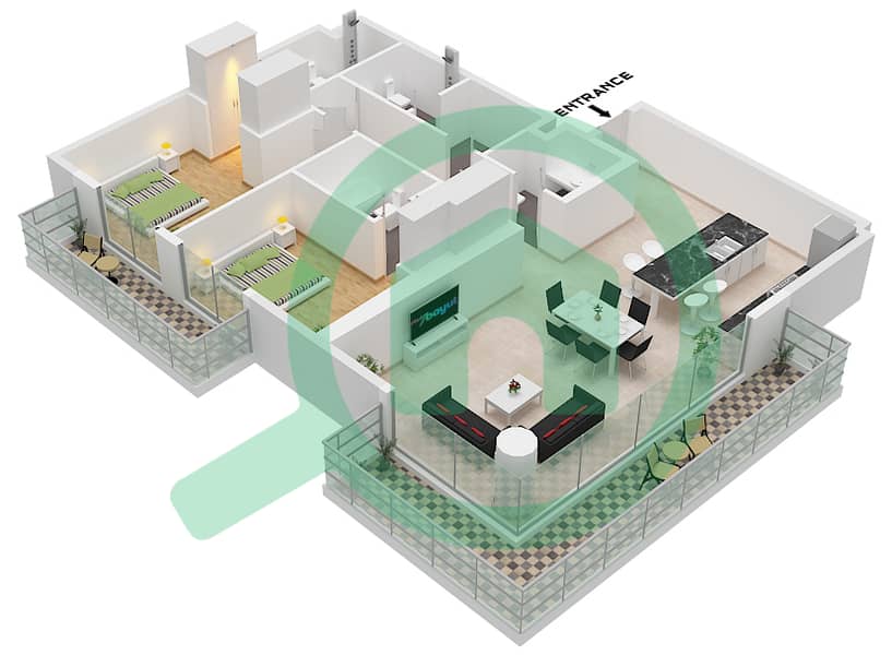 Арт Бэй - Апартамент 2 Cпальни планировка Тип/мера F / UNIT 15 FLOOR 3-10 Type F Unit 15 Floor 3-10 interactive3D