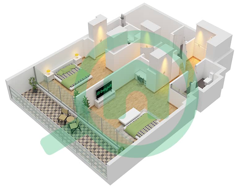 المخططات الطابقية لتصميم النموذج 01 تاون هاوس 3 غرف نوم - وان من بن غاطي Type 01 Floor Upper interactive3D