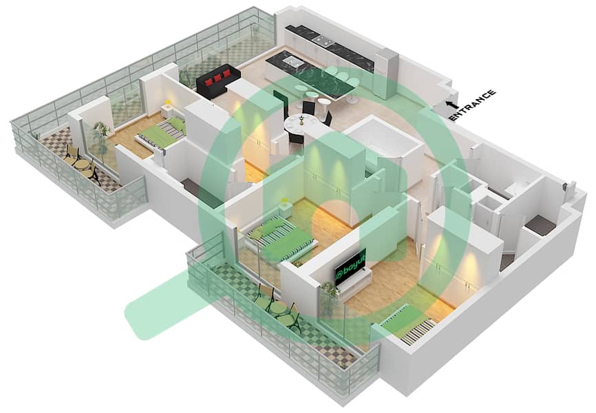 Арт Бэй - Апартамент 3 Cпальни планировка Тип/мера A / UNIT 3,6 FLOOR 2-10 Type A Unit 3 Floor 2 
Type A Unit 6 Floor 3-10 interactive3D