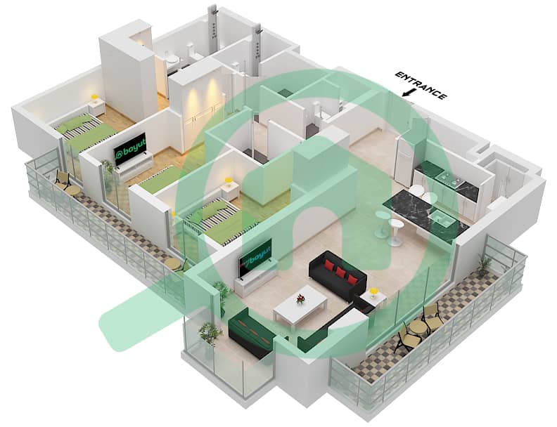 Арт Бэй - Апартамент 3 Cпальни планировка Тип/мера B / UNIT 2,5 FLOOR 2-10 Type B Unit 2 Floor 2 
Type B Unit 5 Floor 3-10 interactive3D