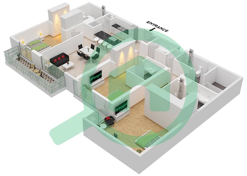 Арт Бэй - Апартамент 3 Cпальни планировка Тип/мера D / UNIT 19 FLOOR 3-10 Type D Unit 19 Floor 3-10 interactive3D