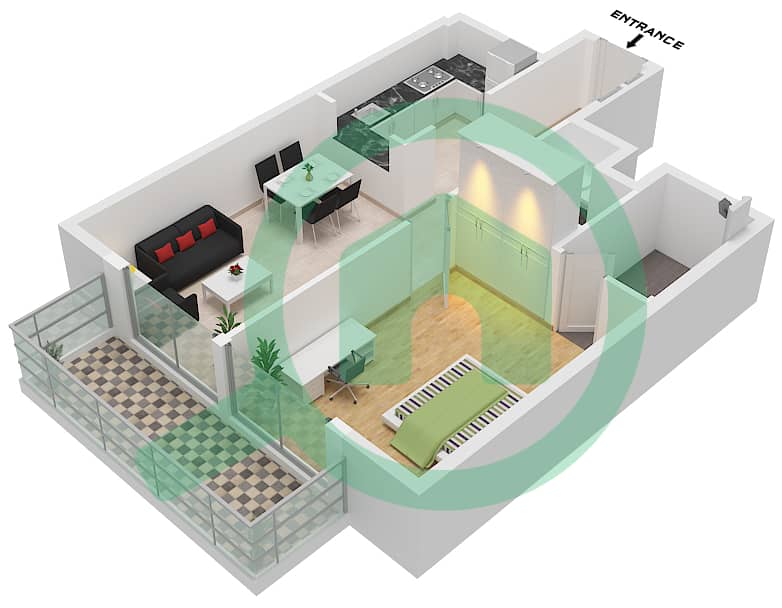Binghatti Nova - Planimetria del piano di 1 Camera Appartamento Tipo B Type B interactive3D