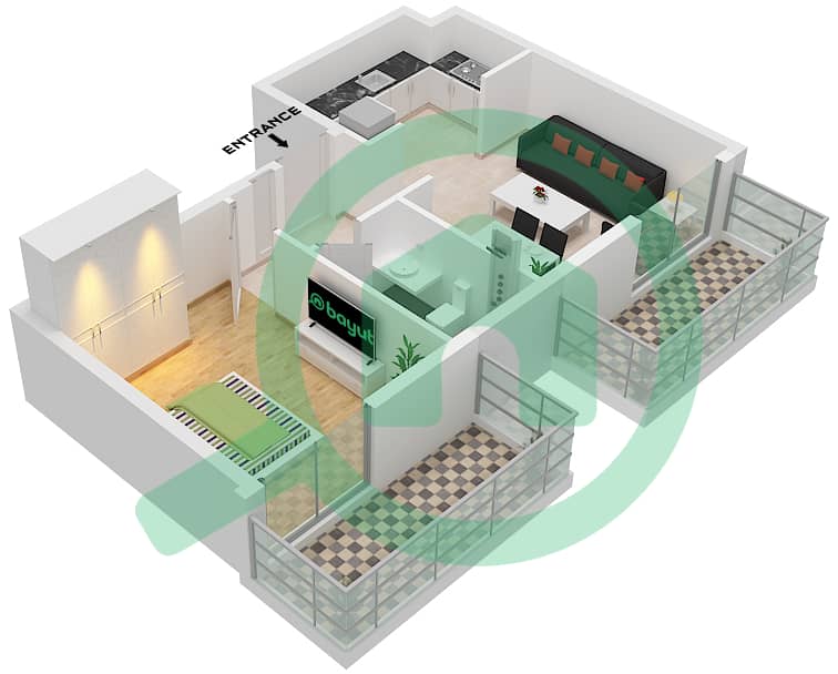 Binghatti Nova - Grundriss für 1 Schlafzimmer Wohnung Typ E Type E interactive3D