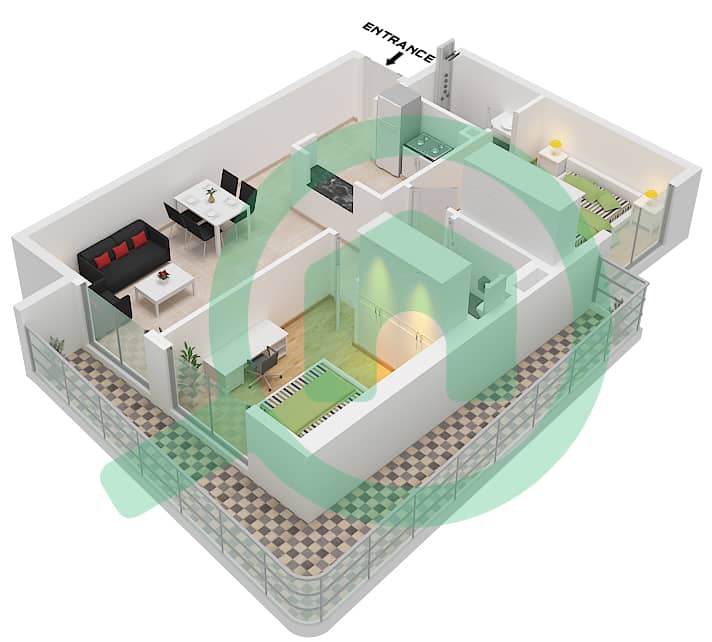 宾格蒂新星公寓 - 2 卧室公寓类型A戶型图 Type A interactive3D