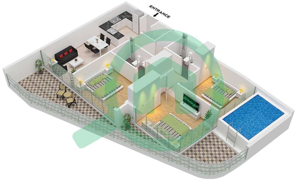 المخططات الطابقية لتصميم النموذج A شقة 3 غرف نوم - سمانا ميكونوس Type A interactive3D