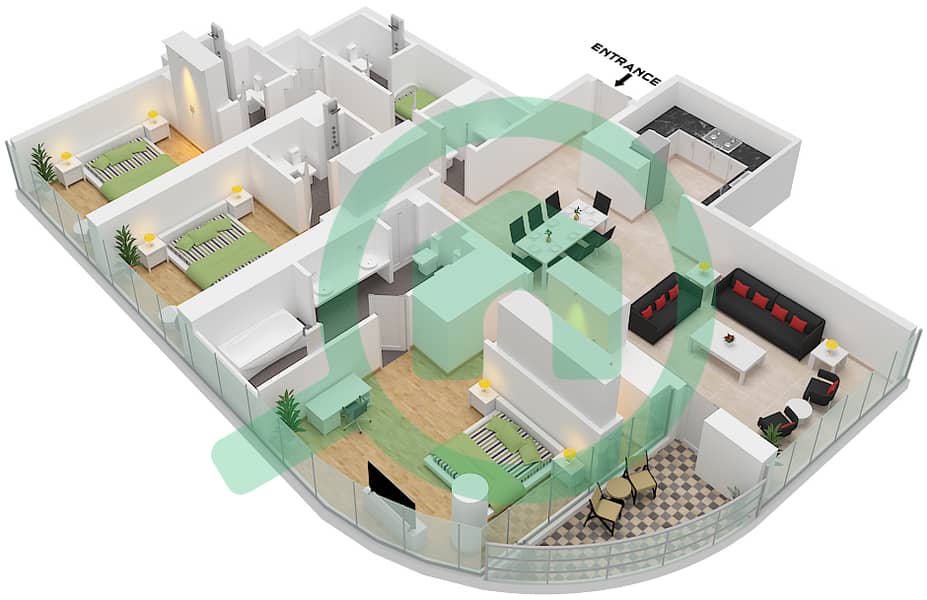 Собха Сихэвен Тауэр А - Апартамент 3 Cпальни планировка Тип/мера C / UNIT 4 FLOOR 37,39-40 Type C Unit 4 Floor 37,39-40,42 interactive3D