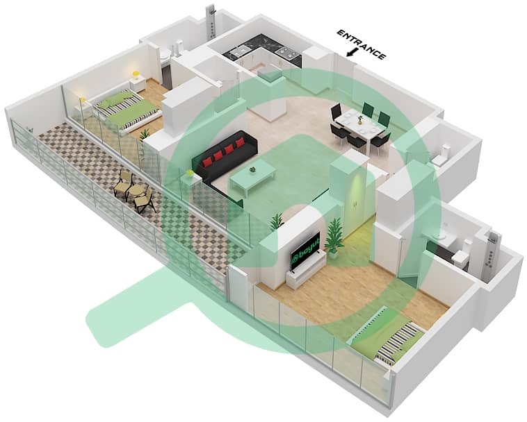 Собха Сихэвен Тауэр А - Апартамент 2 Cпальни планировка Тип/мера A / UNIT 2 FLOOR 44-45 Type A Unit 2 Floor 44-45 interactive3D