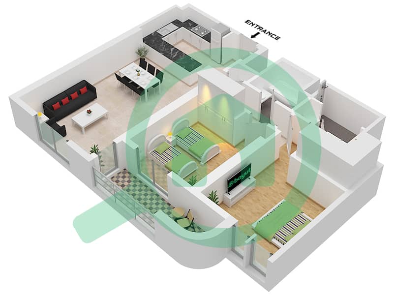 Cello Residences Tower A - Апартамент 2 Cпальни планировка Тип/мера B-1 / UNIT 4 FLOOR 5 Type B-1 Unit 4 Floor 5 interactive3D