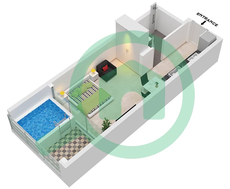 萨马纳曼哈顿1号 - 单身公寓单位2 FLOOR 1戶型图 Unit 2, Floor 1 interactive3D