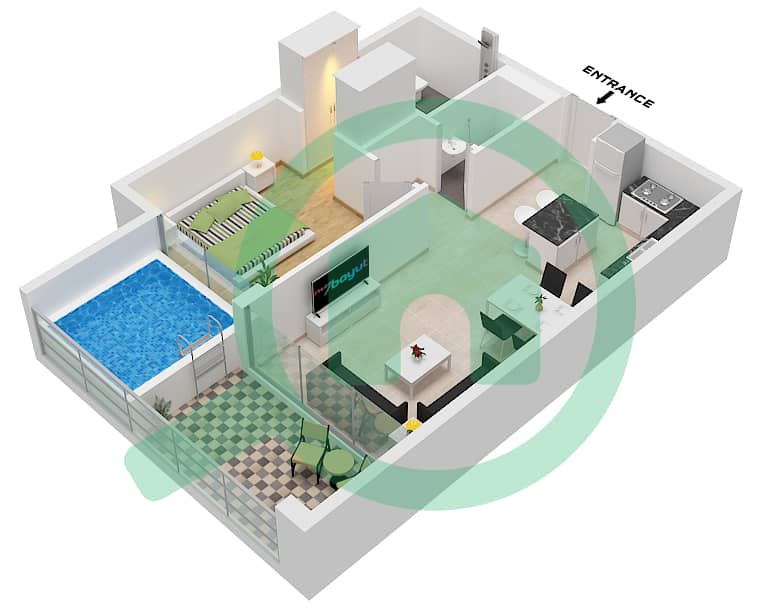 Samana Manhattan 1 - 1 Bedroom Apartment Unit 2,3,8,9 FLOOR 2-5,6-14 Floor plan Unit 2,3,8,9, Floor 2-5,6-14(Even) interactive3D