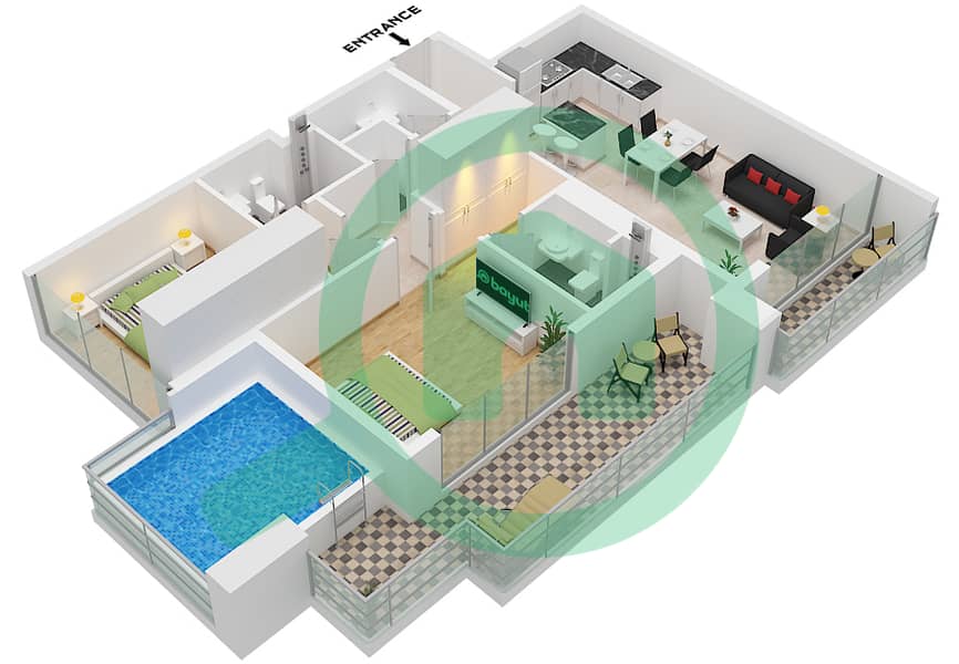萨马纳曼哈顿1号 - 2 卧室公寓单位13 FLOOR 7,11,13,15戶型图 Unit 13, Floor 7,11,13,15 interactive3D