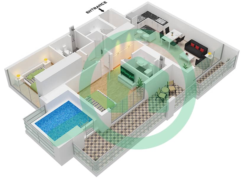 萨马纳曼哈顿1号 - 2 卧室公寓单位12 FLOOR 8-14(EVEN)戶型图 Unit 12, Floor 8-14(Even) interactive3D