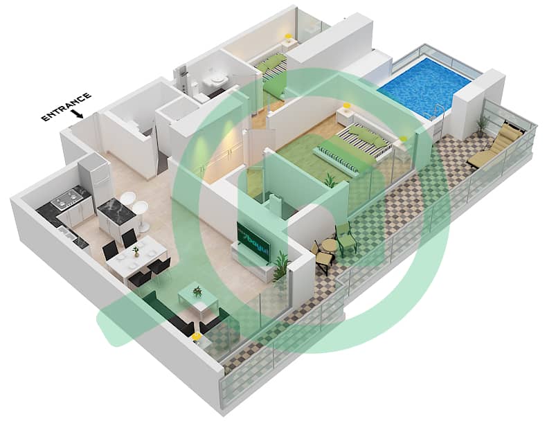 Samana Manhattan 1 - 2 Bedroom Apartment Unit 1 FLOOR 7-15(ODD) Floor plan Unit 1, Floor 7-15(Odd) interactive3D