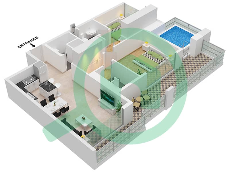 Samana Manhattan 1 - 2 Bedroom Apartment Unit 1 FLOOR 8-14(EVEN) Floor plan Unit 1, Floor 8-14(Even) interactive3D