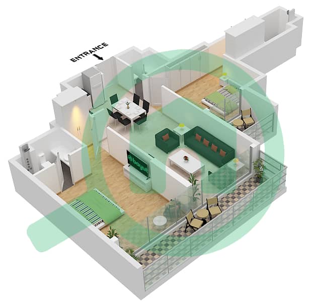 المخططات الطابقية لتصميم الوحدة 1 FLOOR 1-4 شقة 2 غرفة نوم - فيوز VII من جولدن وودز Unit 1 Floor 1-4 interactive3D