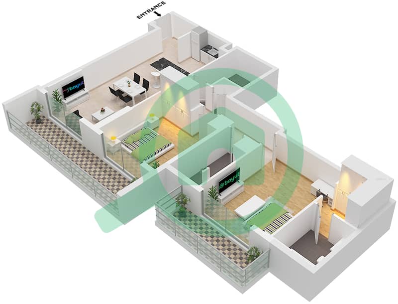圣特罗曲线公寓 - 2 卧室公寓类型／单位3 / UNIT 1 FLOOR 2-10戶型图 Type 3 Unit 1 Floor 2-10 interactive3D
