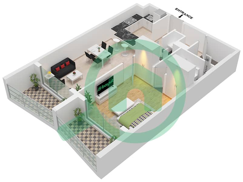 圣特罗曲线公寓 - 1 卧室公寓类型／单位11 / UNIT 6,7 FLOOR 2-10戶型图 Type 11 Unit 6,7,10,11 Floor 2-10 interactive3D